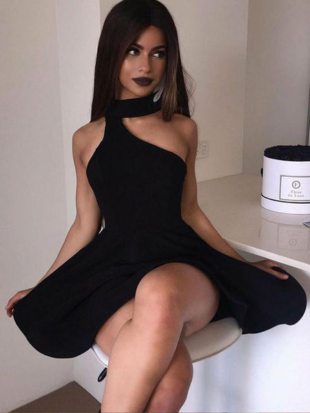 Unique Halter Neck Black/White Short Homecoming Dresses, Black/White Prom Formal Graduation Dresses