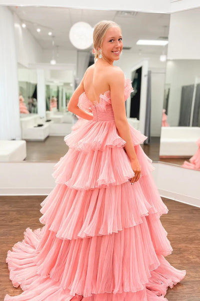 Strapless Layered Pink Tulle Long Prom Dress, Long Pink Formal Evening Dress, Ball Gown