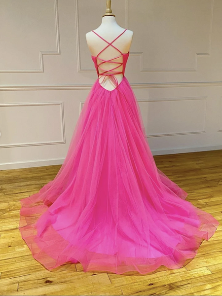 V Neck Hot Pink Tulle Long Prom Dresses,  Backless Hot Pink Tulle Formal Evening Graduation Dresses