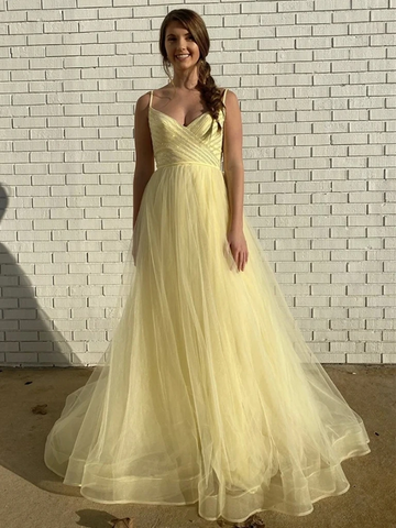 V Neck Yellow Tulle Long Prom Dresses, V Neck Yellow Formal Graduation Evening Dresses