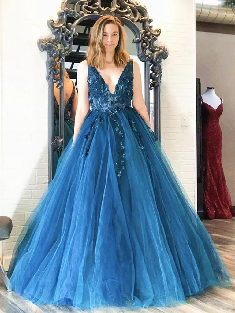 V Neck Blue Tulle Floral Long Prom Dresses, Blue Floral Formal Evening Graduation Dresses