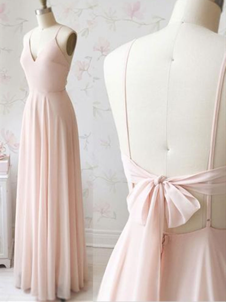 V neck Light pink  chiffon long prom dress, V neck Light pink  chiffon long evening dress