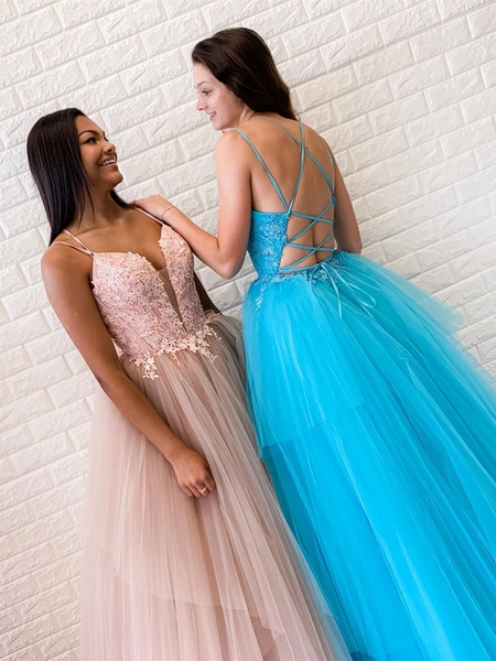 A Line V Neck Light Blue /Dusty Pink Backless Tulle Lace Long Prom Dresses, Open Back  Light Blue /Dusty Pink Lace Formal Evening Dresses