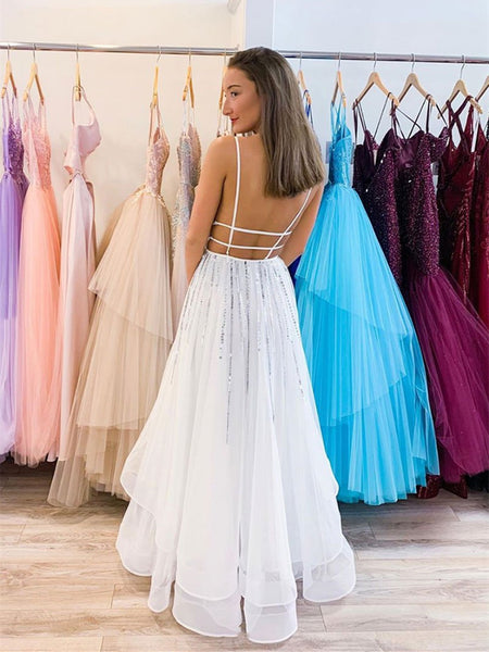 White V Neck Tulle Sequins Backless Long Prom Dress,  V Neck Backless Long Evening Dress