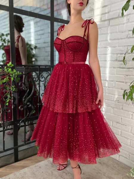 Pretty Sweetheart Neck Burgundy Layered Tea Length Prom Dresses, Burgundy Homecoming Dresses, Formal Evening Dresses