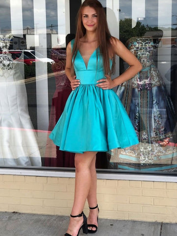 Cute Blue V Neck Satin Short Prom Dresses, Blue Short Cocktail Evening Homecoming Dresses