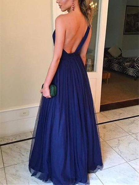 Royal Blue Long Prom Dresses One Shoulder Bridesmaid Dress, Royal Blue One Shoulder Tulle Prom Dress