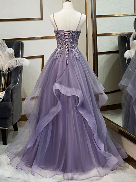 V Neck Purple Tulle Lace Long Prom Dresses, Purple Tulle Lace Long Evening Dresses