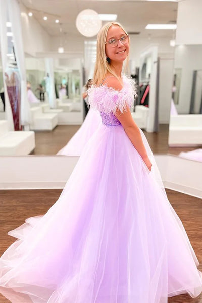 Off Shoulder Beaded Lilac Tulle Long Prom Dresses, Off the Shoulder Purple Formal Dresses, Purple Evening Dresses