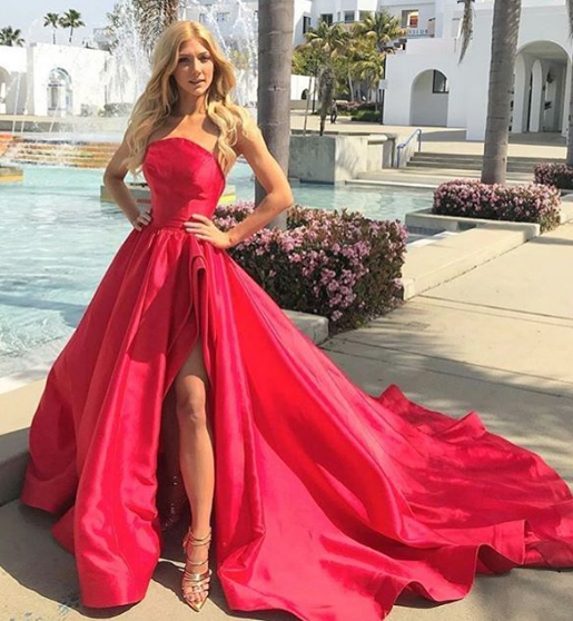 High Low Strapless Red Long Prom Gown, Strapless Red Long Prom Formal Evening Dresses