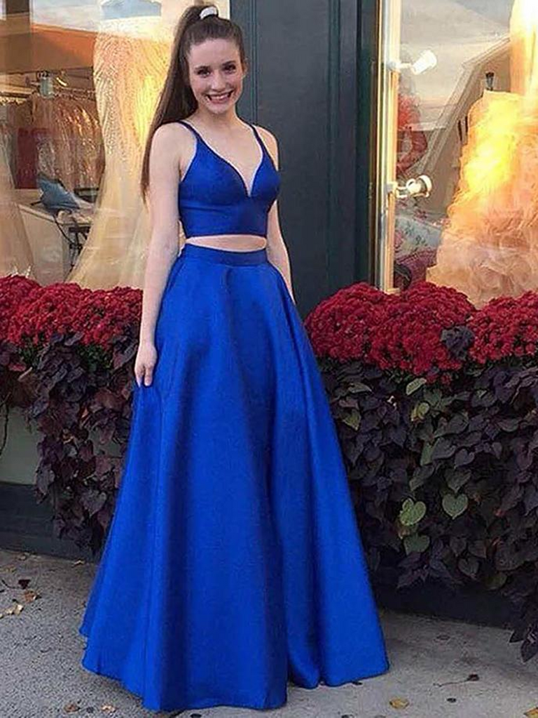 A Line V Neck Two Pieces Royal Blue Long Prom Dresses , Royal Blue 2 Pieces Floor Length Formal Evening Gown Dresses