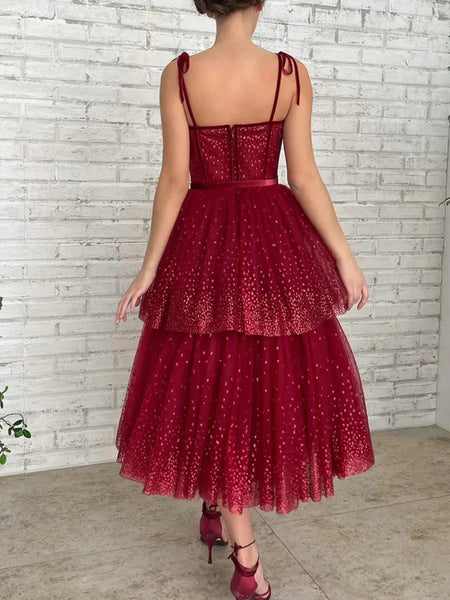 Pretty Sweetheart Neck Burgundy Layered Tea Length Prom Dresses, Burgundy Homecoming Dresses, Formal Evening Dresses