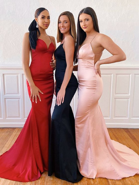 Mermaid V Neck Red/Black/Pink Backless Long Prom Dresses, Mermaid Backless Formal Evening Dresses