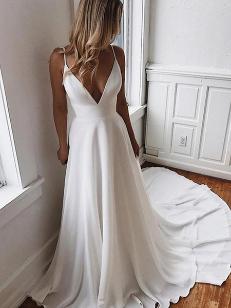 A Line V Neck White Lace Wedding Dresses, White Lace V Neck Prom Dresses, V Neck White Lace Formal Evening Dresses