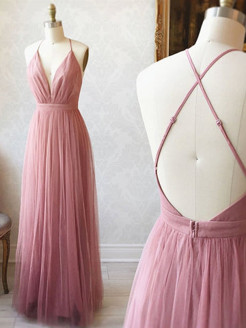 V Neck Pink Backless Long Prom Dresses, V Neck Pink Backless Formal Evening Graduation Dresses