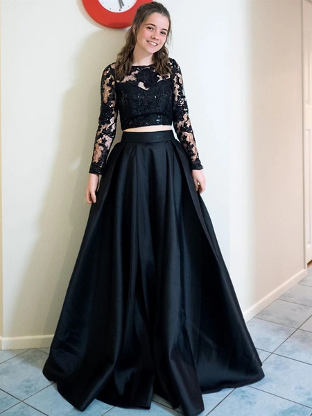 Round Neck  Two Pieces Long Sleeves Black Lace Long Prom Dresses, 2 Pieces Black Lace Long Formal Evening  Dresses