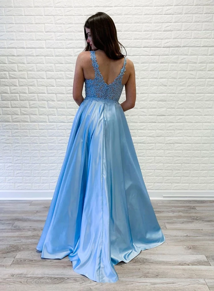 A Line V Neck Blue Lace Long Prom Dresses, A Line V Neck Blue Lace Long Formal Evening Dresses