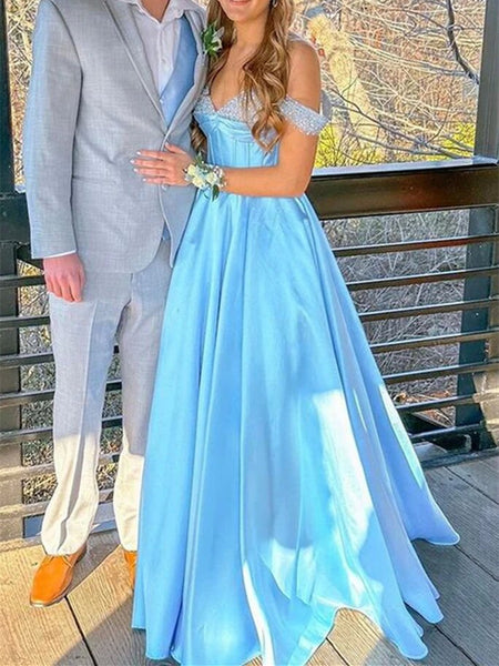 Off the Shoulder Beaded Light Blue Satin Long Prom Dresses, Light Blue Formal Graduation Evening Dresses