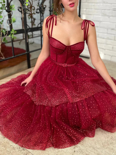 Pretty Sweetheart Neck Burgundy Layered Tea Length Prom Dresses, Burgundy Homecoming Dresses, Formal Evening Dresses