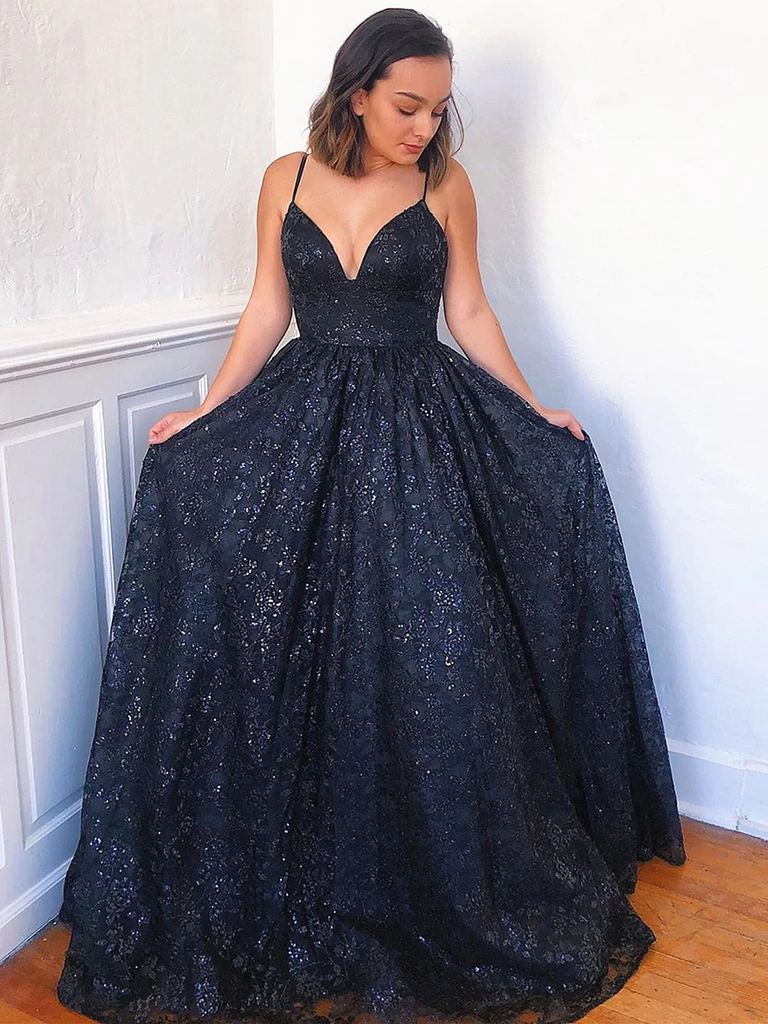 V Neck Navy Blue Lace Prom Dresses, Navy Blue Lace Formal Evening Dresses