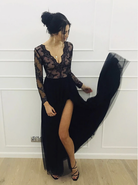 Black V Neck Tulle Long Sleeves Prom Dresses, Long Sleeves Black Long Formal Evening Dresses