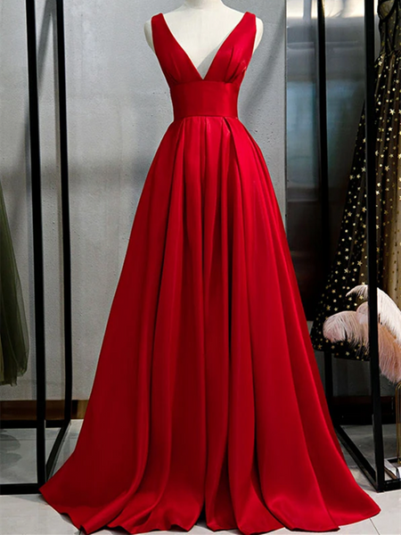 Red V Neck Satin Long Prom Dresses, Simple Red Long Formal Evening Dresses