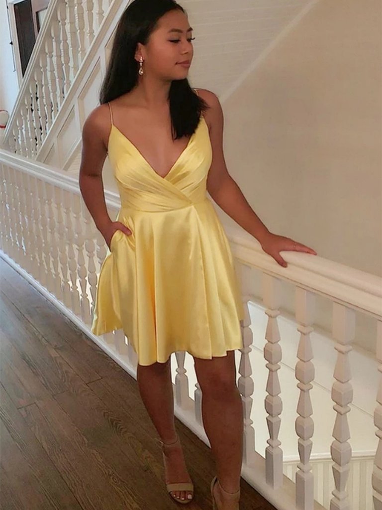 V Neck Yellow Satin Short Prom Dresses, Homecoming Dresses, V Neck Yellow Formal Graduation Evening Dresses