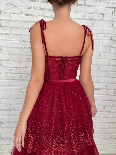 Pretty Sweetheart Neck Burgundy Layered Tea Length Prom Dresses, Burgundy Homecoming Dresses, Formal Evening Dresses