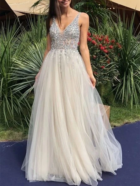 A Line V Neck Backless Tulle Beaded Ivory Long Prom Dresses, Ivory Beaded Open Back Formal Evening Dresses