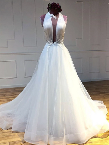 Unique White Tulle Long Prom Dresses, White Tulle Long Evening Dresses