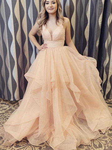 V Neck Champagne Tulle Long Prom Dresses, V Neck Champagne Tulle Long Formal Evening Dresses