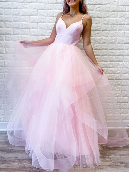 A Line V Neck Blue/Pink Tulle Long Prom Dresses,  V Neck Blue/Pink Tulle Long Formal Evening Dresses