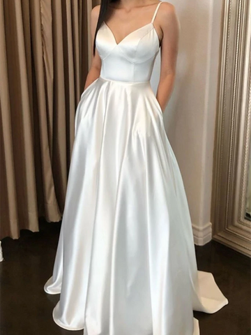 V Neck White Satin Long Prom Dresses, White Satin Long Formal Evening Dresses