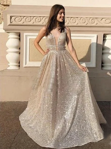 Sparkly Champagne V Neck Long Prom Dresses, Shiny Champagne Prom Dresses, Lovely 2020 Long Formal Evening Party Dresses