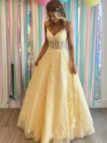 V Neck Yellow Lace Tulle Long Prom Dresses, Yellow Lace Formal Evening Dresses