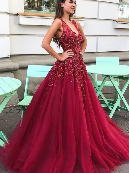 V Neck Burgundy Beaded Tulle Long Prom Dresses,  Burgundy V Neck Tulle Formal Evening Dresses