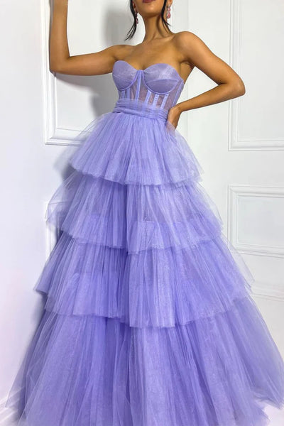 Sweetheart Neck Layered Purple Tulle Long Prom Dresses， Lavender Formal Dresses, Lilac Evening Dresses