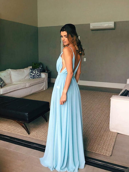 Simple V Neck Light Blue Long Prom Dress, V Neck Light Blue Long Formal Evening Dress