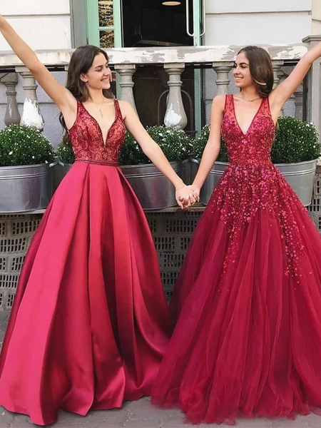 V Neck Burgundy Beaded Tulle Long Prom Dresses,  Burgundy V Neck Tulle Formal Evening Dresses