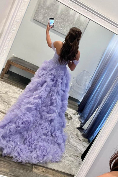 A Line Off The Shoulder Ruffle Layers Lavender Long Prom Dress, Off  Shoulder Purple Tulle Long Formal Evening Dresses