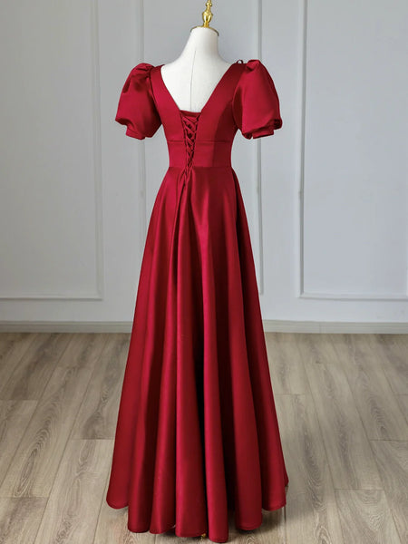 V Neck Burgundy Satin Long Prom Dress, Burgundy Formal Evening Dress