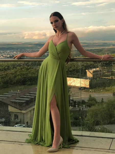 A Line V Neck Simple Green Chiffon Long Prom Dresses, Green Evening Dresses