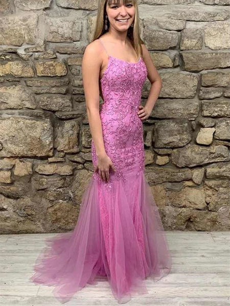 Mermaid Backless Purple Lace Long Prom Dresses, Lace Mermaid Purple Formal Evening Dresses