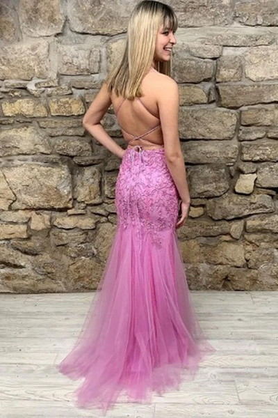 Mermaid Backless Purple Lace Long Prom Dresses, Lace Mermaid Purple Formal Evening Dresses