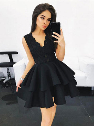 V-Neck Lace Short Black Homecoming Dress ,Graduation Dress, Lace Short Black Prom Dress