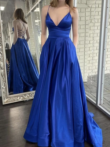 V Neck Royal Blue Backless Long Prom Dresses, Open Back Royal Blue Long Formal Evening Dresses