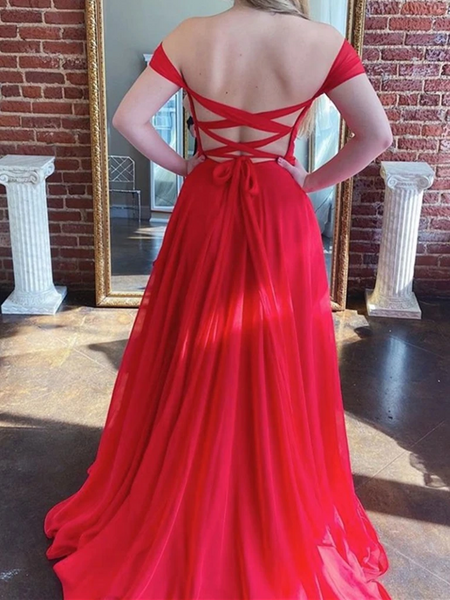 Off the Shoulder Red Long Prom Dresses With Leg Slit , Red Off Shoulder Long Formal Evening Dresses