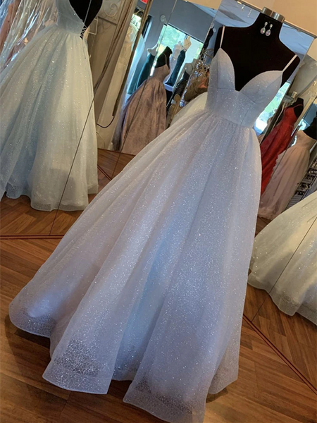 A Line V Neck Light blue Backless Sequins Long Prom Dresses, Light blue Backless Sequins Formal Evening Dresses