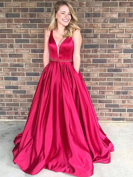 Custom Made Red V Neck Satin Prom Dress, Red V Neck Formal Dress