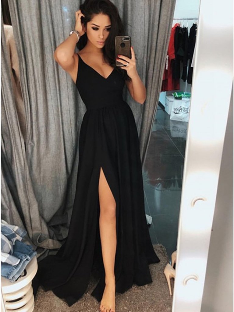  V Neck Black Prom Dresses with Slit, Black Formal Evening Graduation Dresses